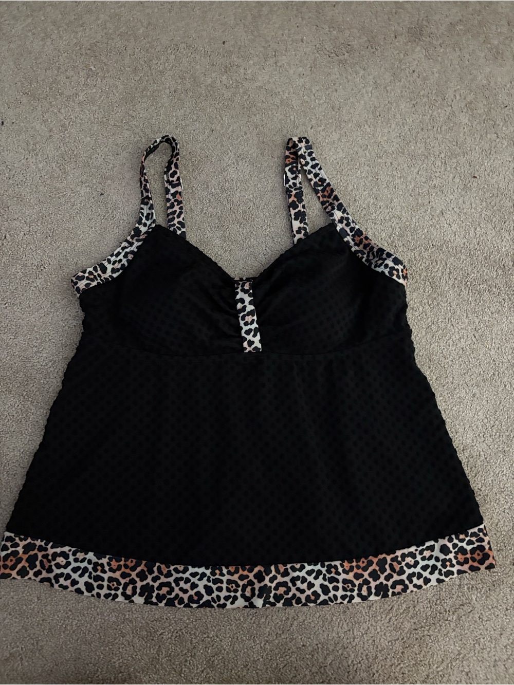 Black Tankini Swim Top with Leopard Trim